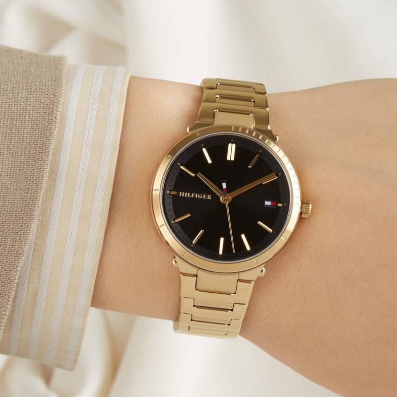 Tommy Hilfiger Brooke Black Dial Gold Steel Strap Watch for Women - 1782019