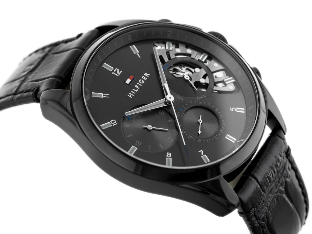 Tommy Hilfiger Baker Chronograph Black Dial Black Leather Strap Watch For Men - 1710452