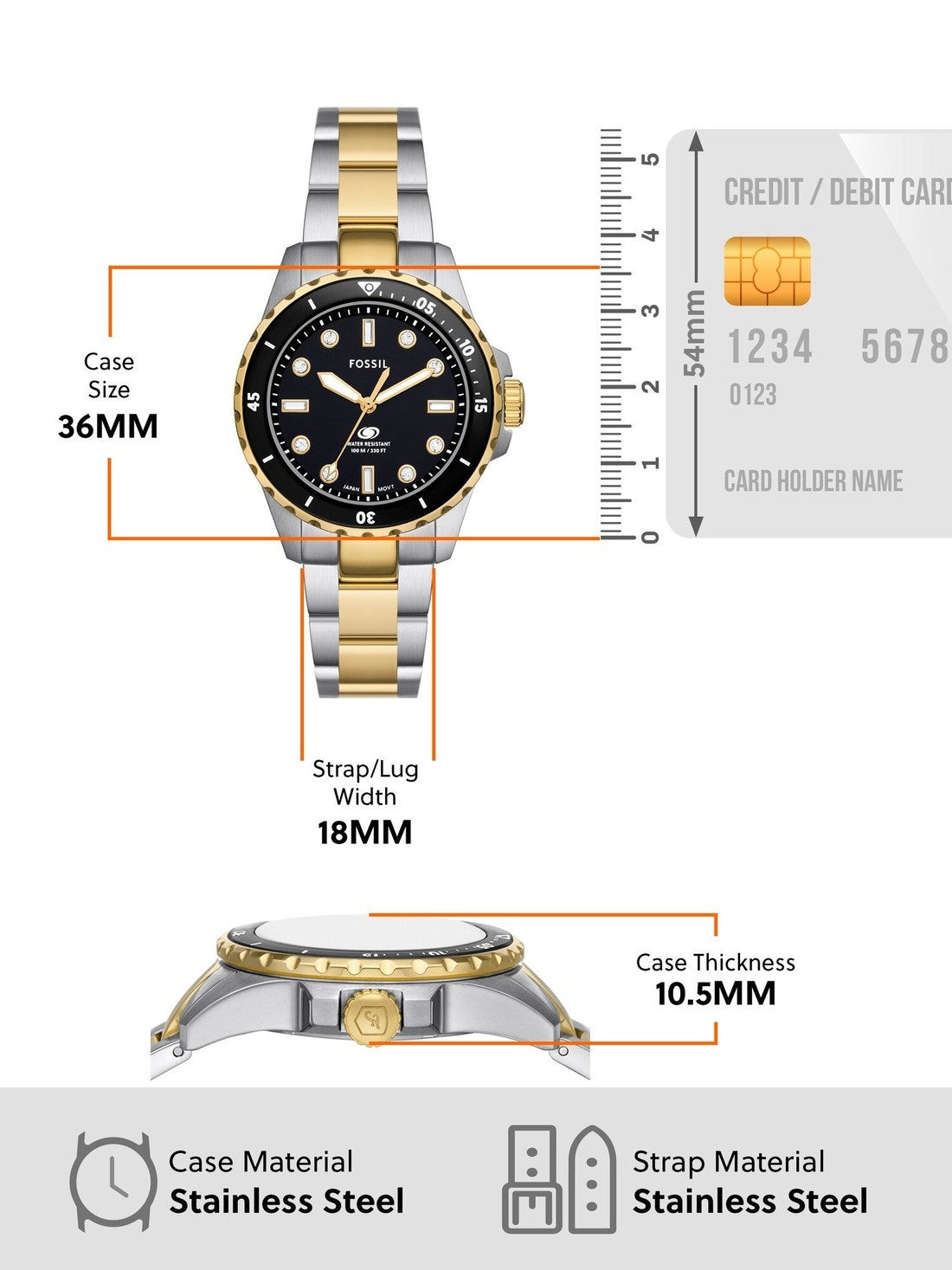 Fossil Blue Dive Three Hand Black Dial Two Tone Steel Strap Watch For Women - ES5349