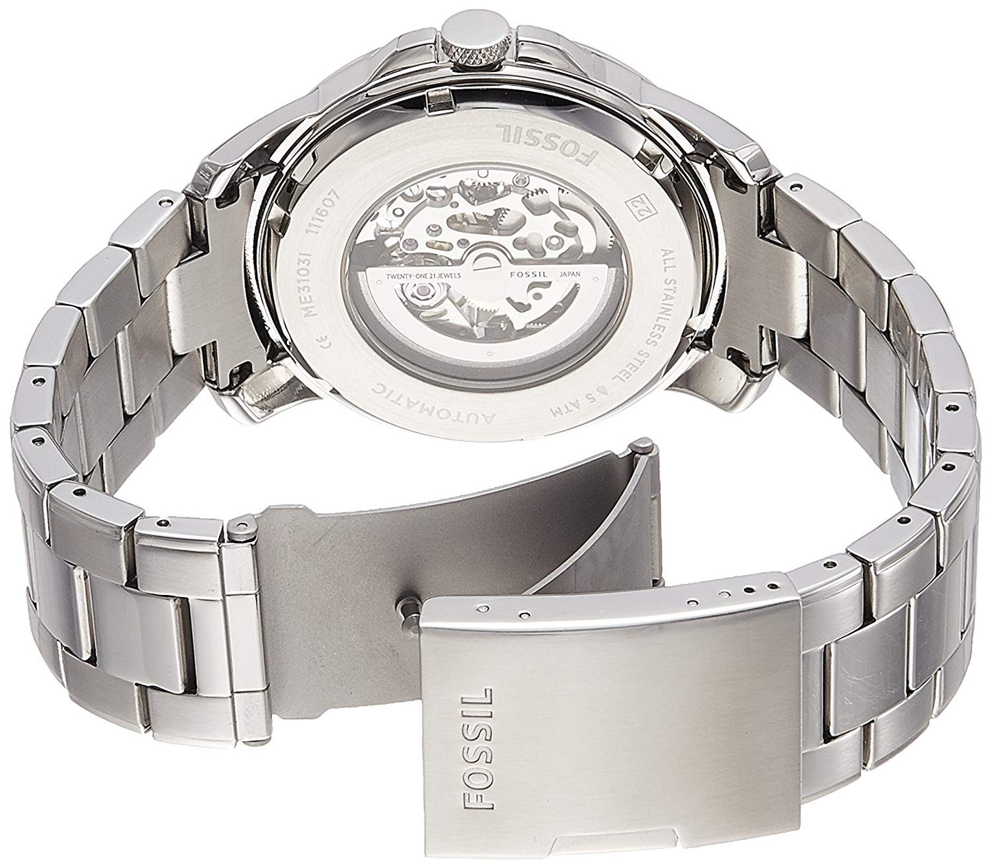 Fossil Grant Automatic Skeleton Black Dial Silver Steel Strap Watch for Men - ME3103