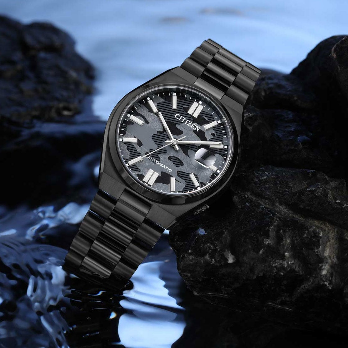 Citizen Tsuyosa Automatic Camouflage Black Dial Black Steel Strap Watch For Men - NJ0155-87E