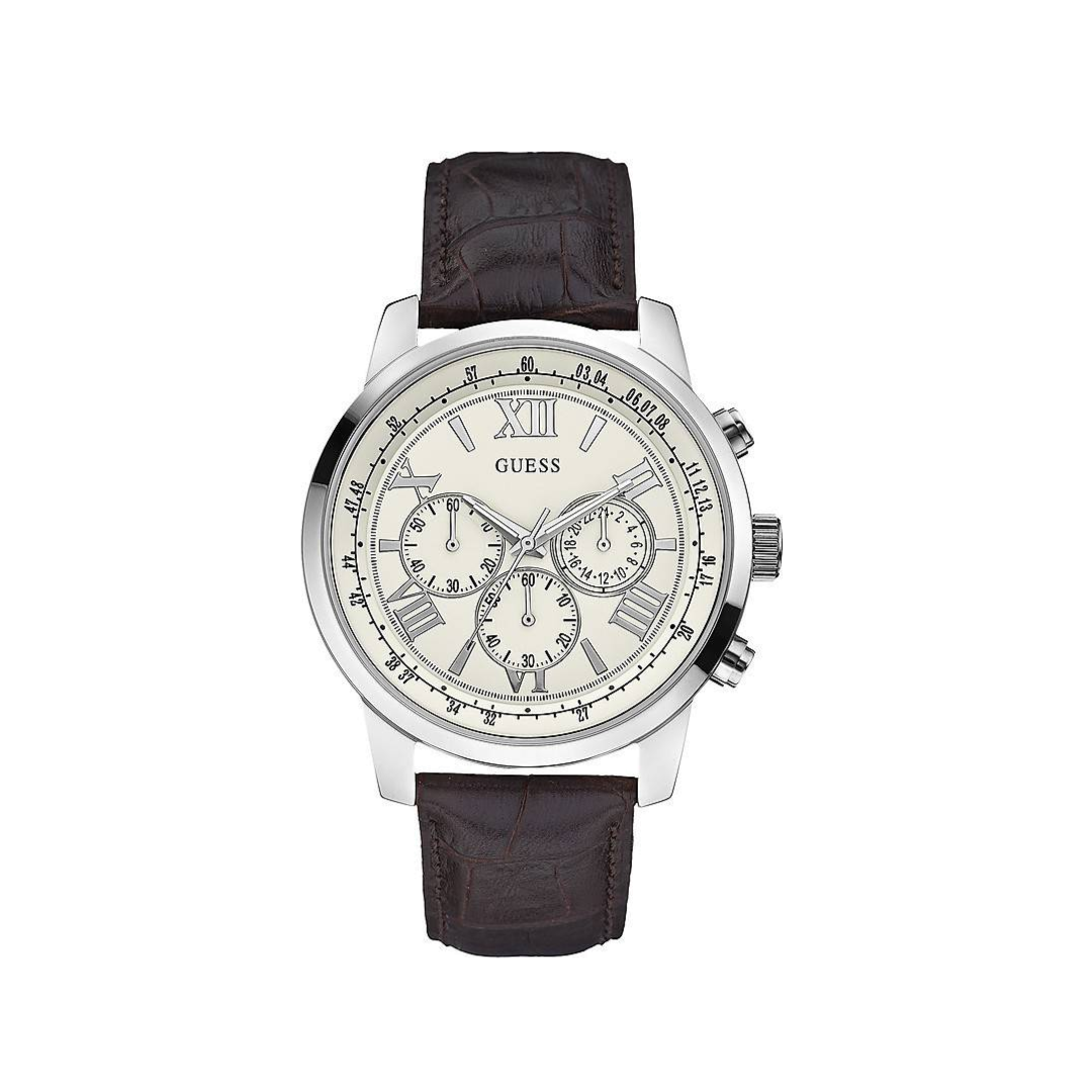 Guess Horizon Chronograph White Dial Brown Leather Strap Watch For Men - W0380G2