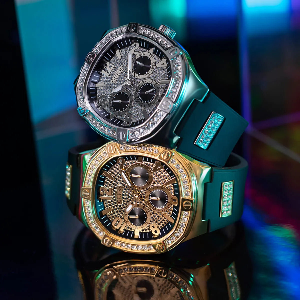 Guess Duke Crystals Black Dial Black Silicone Strap Watch For Men - GW0641G2