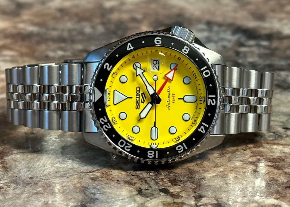 Seiko 5 Sport SKX GMT US Special Creation Automatic Yellow Dial Silver Steel Strap Watch for Men - SSK017K1
