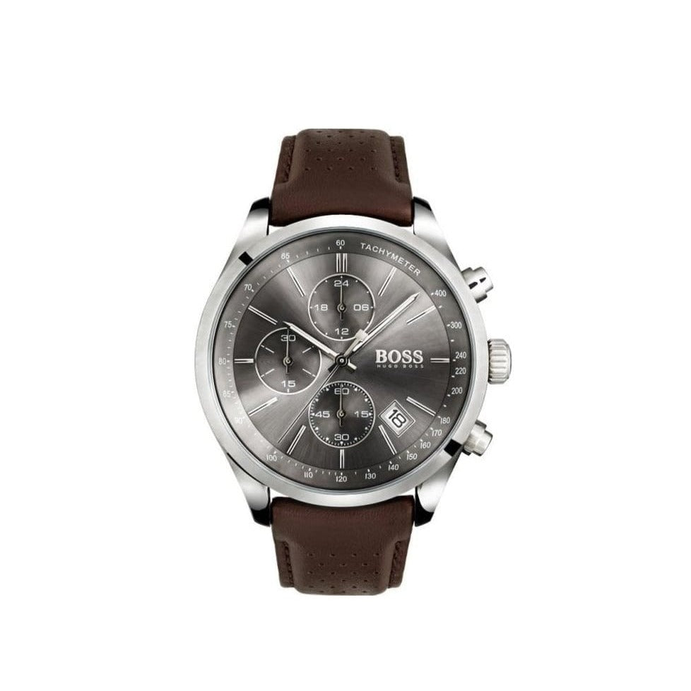 Hugo Boss Grand Prix Grey Dial Brown Leather Strap Watch for Men - 1513476