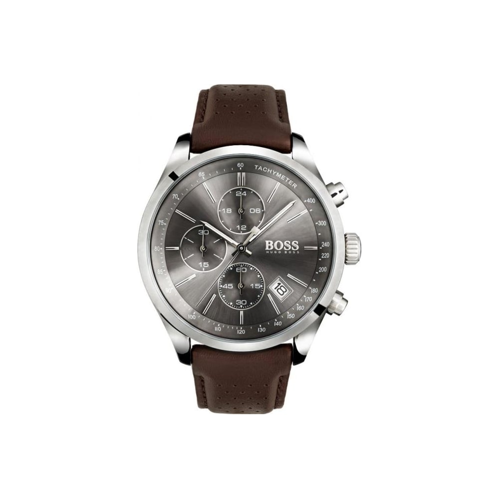 Hugo Boss Grand Prix Grey Dial Brown Leather Strap Watch for Men - 1513476