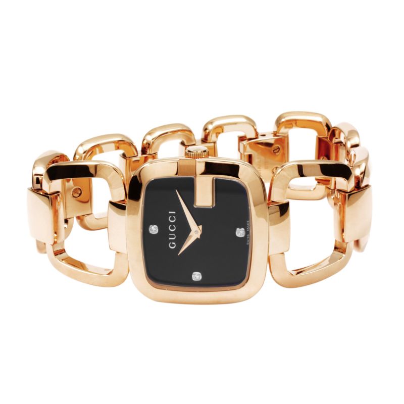 Gucci G Ladies Diamonds Black Dial Rose Gold Steel Strap Watch For Women - YA125512