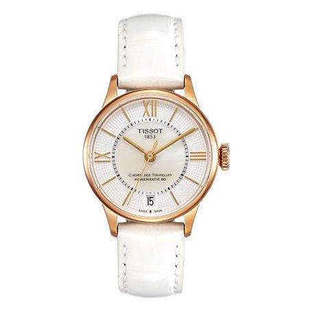Tissot Chemin Des Tourelles Powermatic 80 Lady Silver Dial White Leather Strap Watch For Women - T099.207.36.118.00