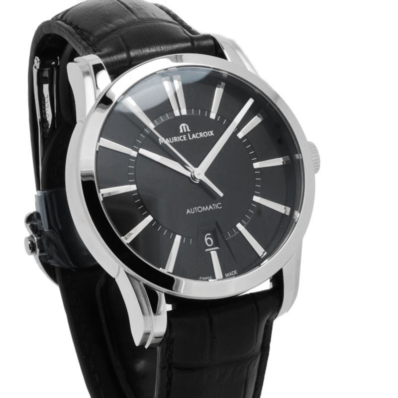 Maurice Lacroix Pontos Date Automatic Black Dial Black Leather Strap Watch For Men - PT6148-SS001-330