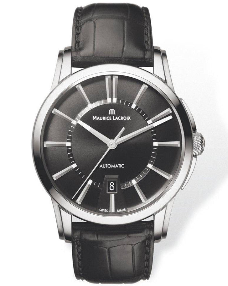 Maurice Lacroix Pontos Date Automatic Black Dial Black Leather Strap Watch For Men - PT6148-SS001-330