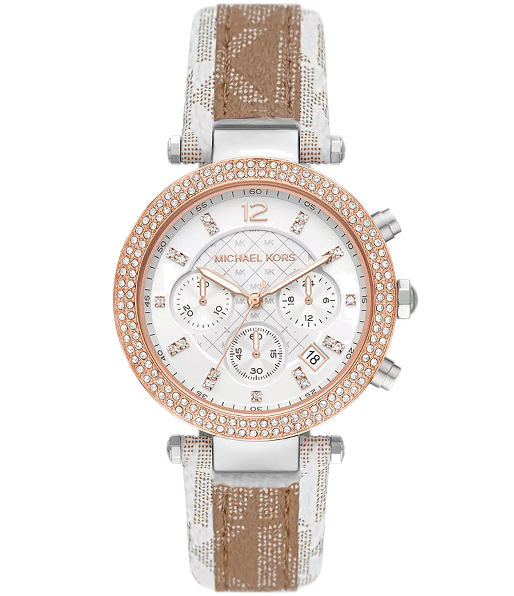 Michael Kors Parker Chronograph White Dial Two Tone Leather Strap Watch For Women - MK6950
