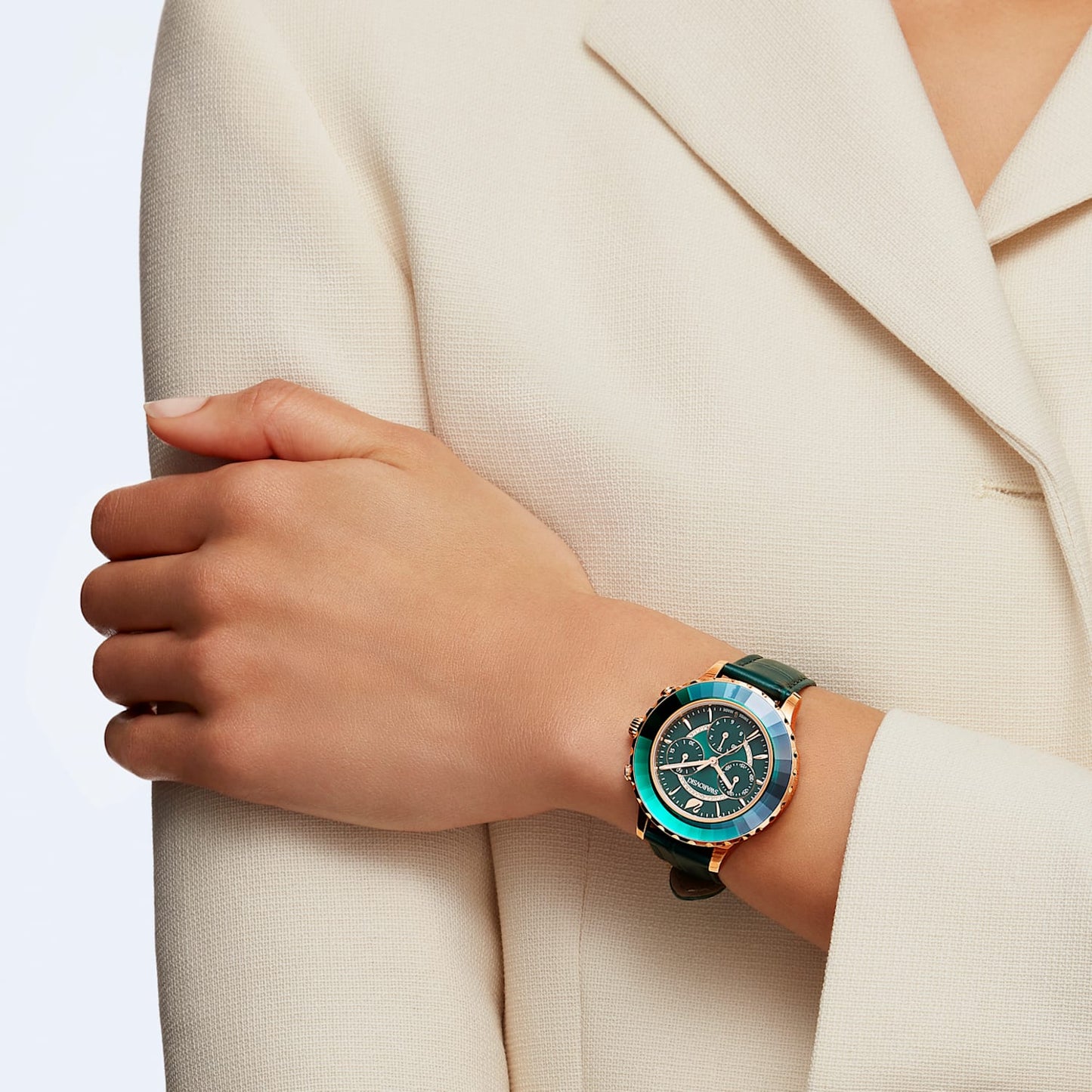 Swarovski Octea Lux Chrono Emerald Green Dial Green Leather Strap Watch for Women - 5452498