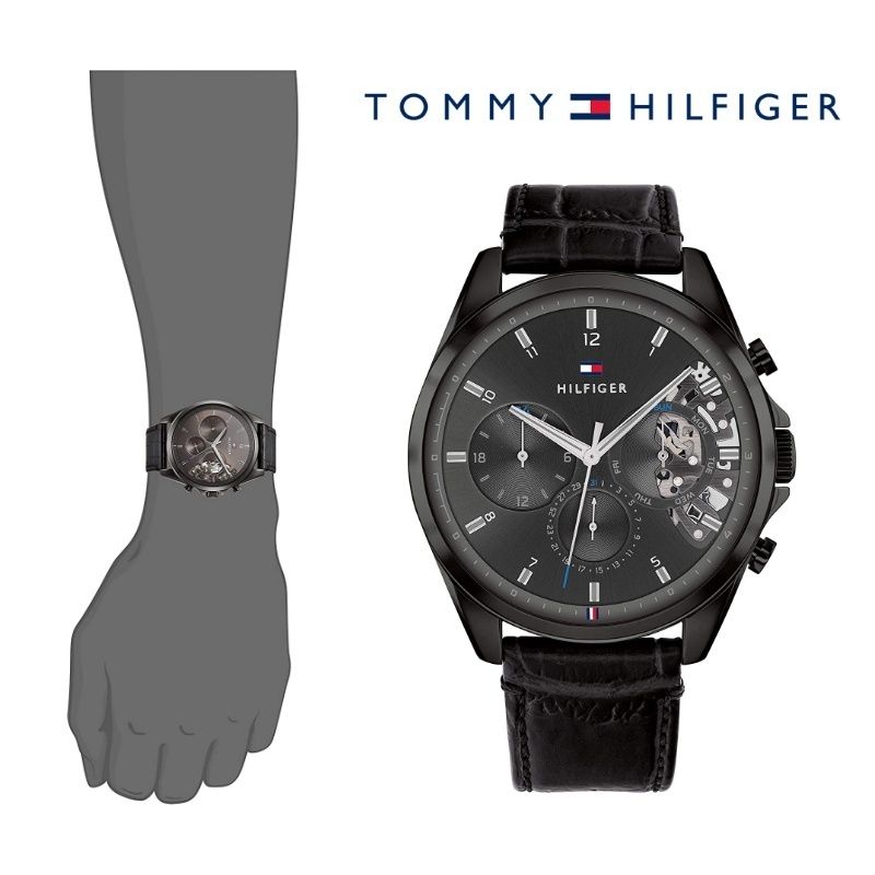 Tommy Hilfiger Baker Chronograph Black Dial Black Leather Strap Watch For Men - 1710452