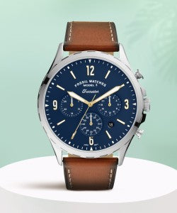 Fossil Forrester Chronograph Blue Dial Brown Leather Strap Watch for Men - S5607