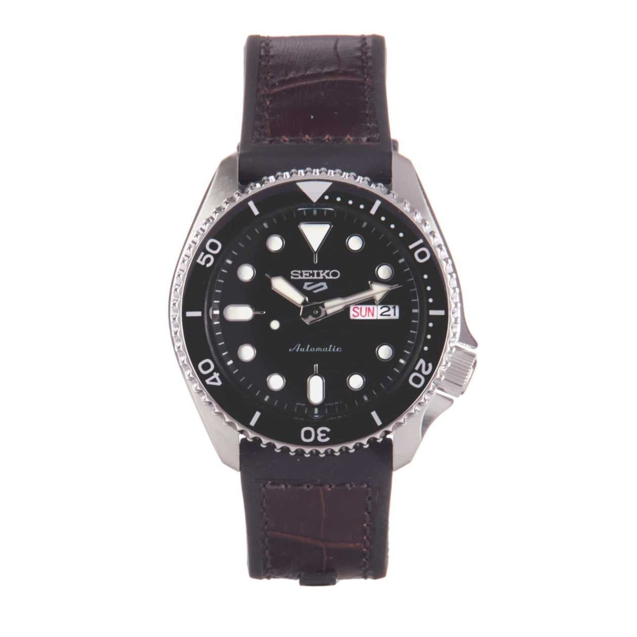 Seiko 5 Sports SKX Automatic Black Dial Black Leather Strap Watch for Men - SRPD55K2