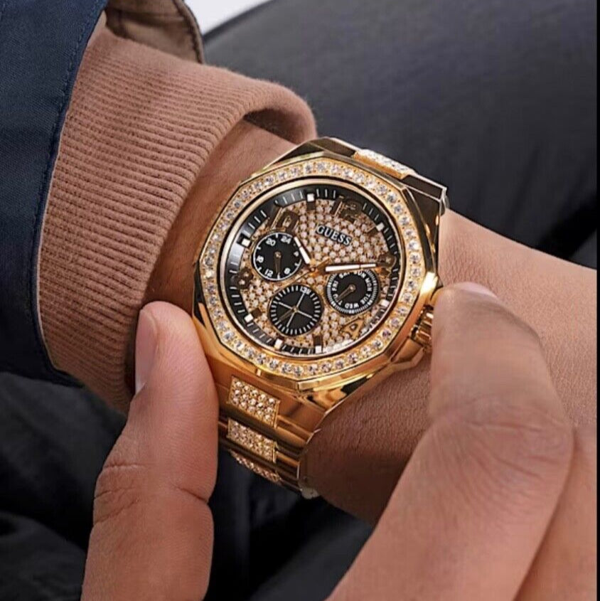 Guess Duke Glitz Crystals Gold Dial Gold Steel Strap Watch For Men - GW0576G2