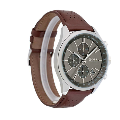 Hugo Boss Grand Prix Grey Dial Brown Leather Strap Watch for Men - 1513476