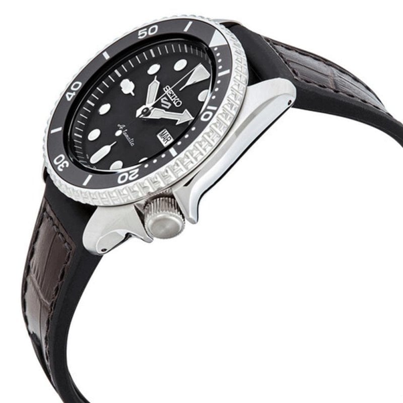Seiko 5 Sports SKX Automatic Black Dial Black Leather Strap Watch for Men - SRPD55K2