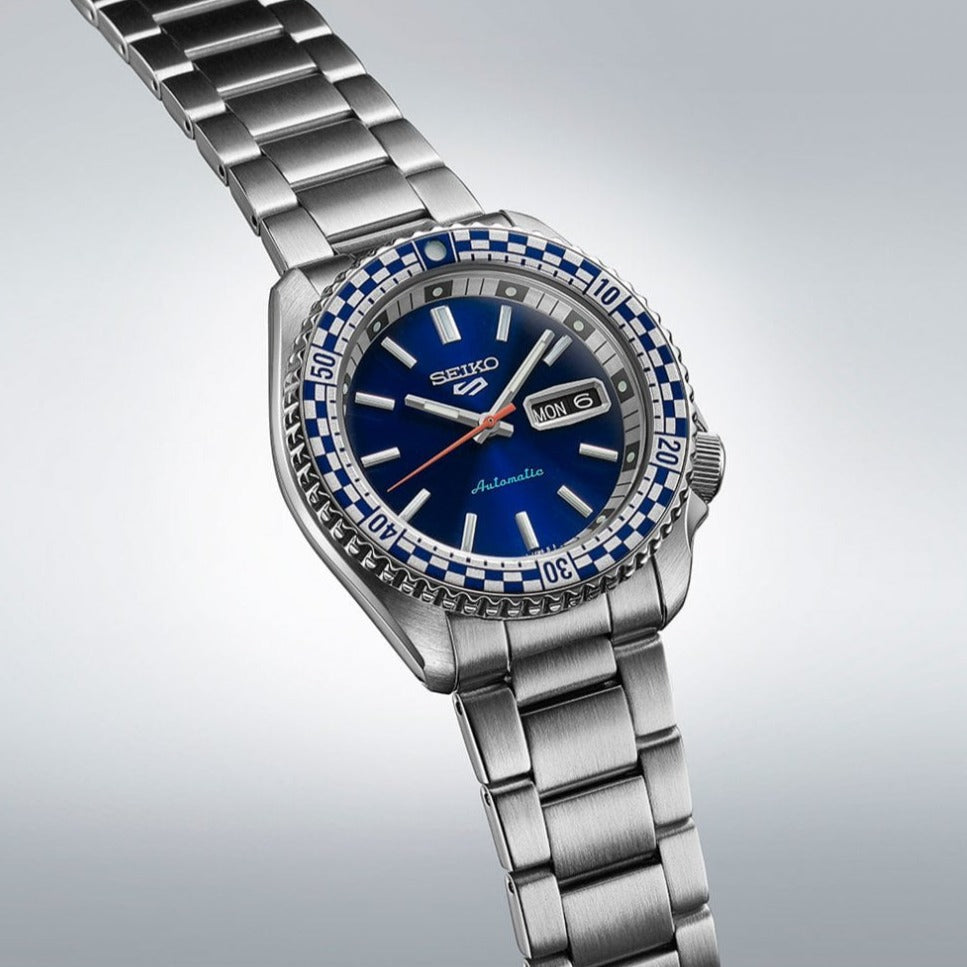 Seiko 5 Sports Petrol Blue Checker Flag Special Edition Blue Dial Silver Steel Strap Watch For Men - SRPK65K1
