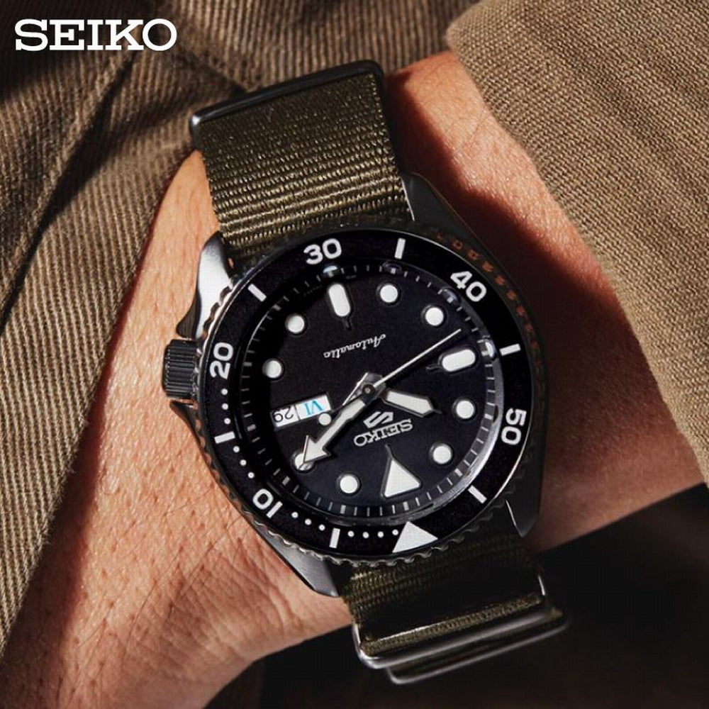 Seiko 5 Sport Automatic Black Dial Green Nylon Strap Watch For Men - SRPD65K4
