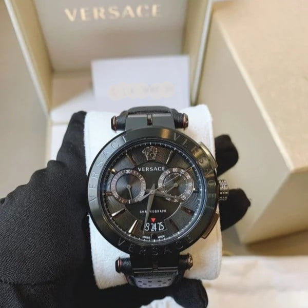 Versace V-Racer Aion Chronograph Black Dial Black Leather Strap Watch for Men - VBR030017