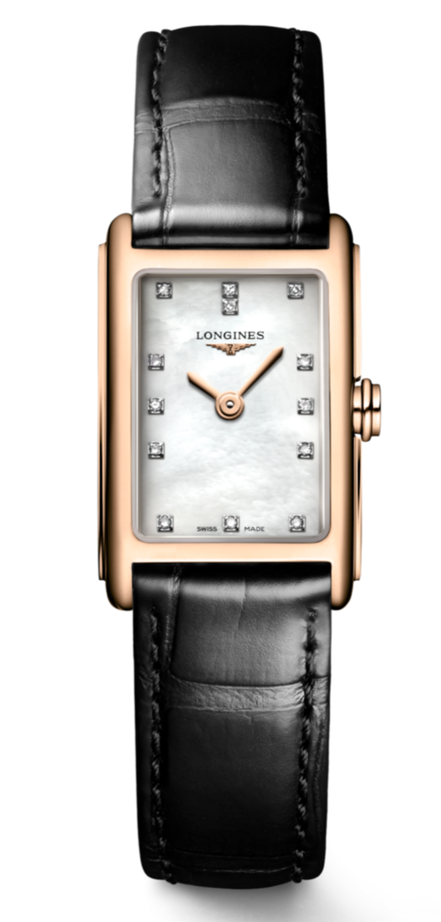 Longines Dolcevita Diamonds Mother of Pearl White Dial Black Leather Strap Watch for Women - L5.258.8.87.0