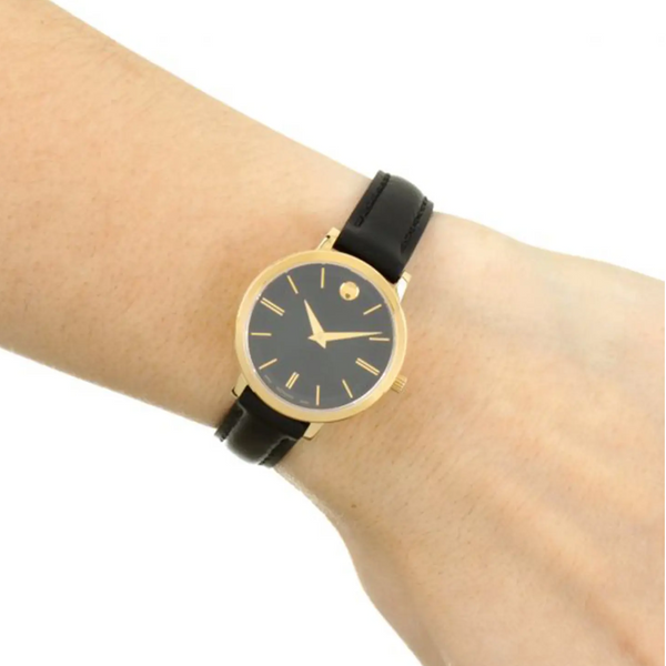 Movado Ultra Slim Black Dial Black Leather Strap Watch For Women - 0607095