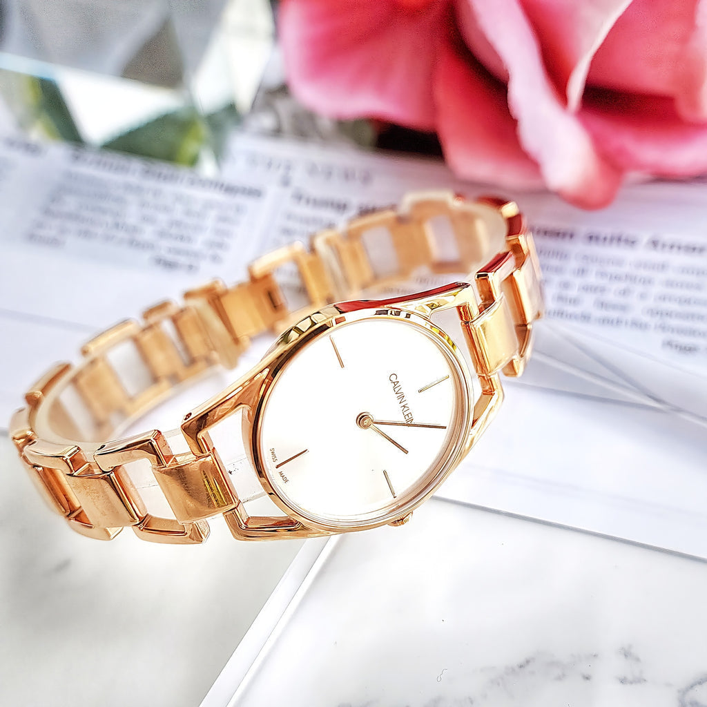 Calvin Klein Snake Silver Dial Rose Gold Steel Strap Watch For Women - K6E23646