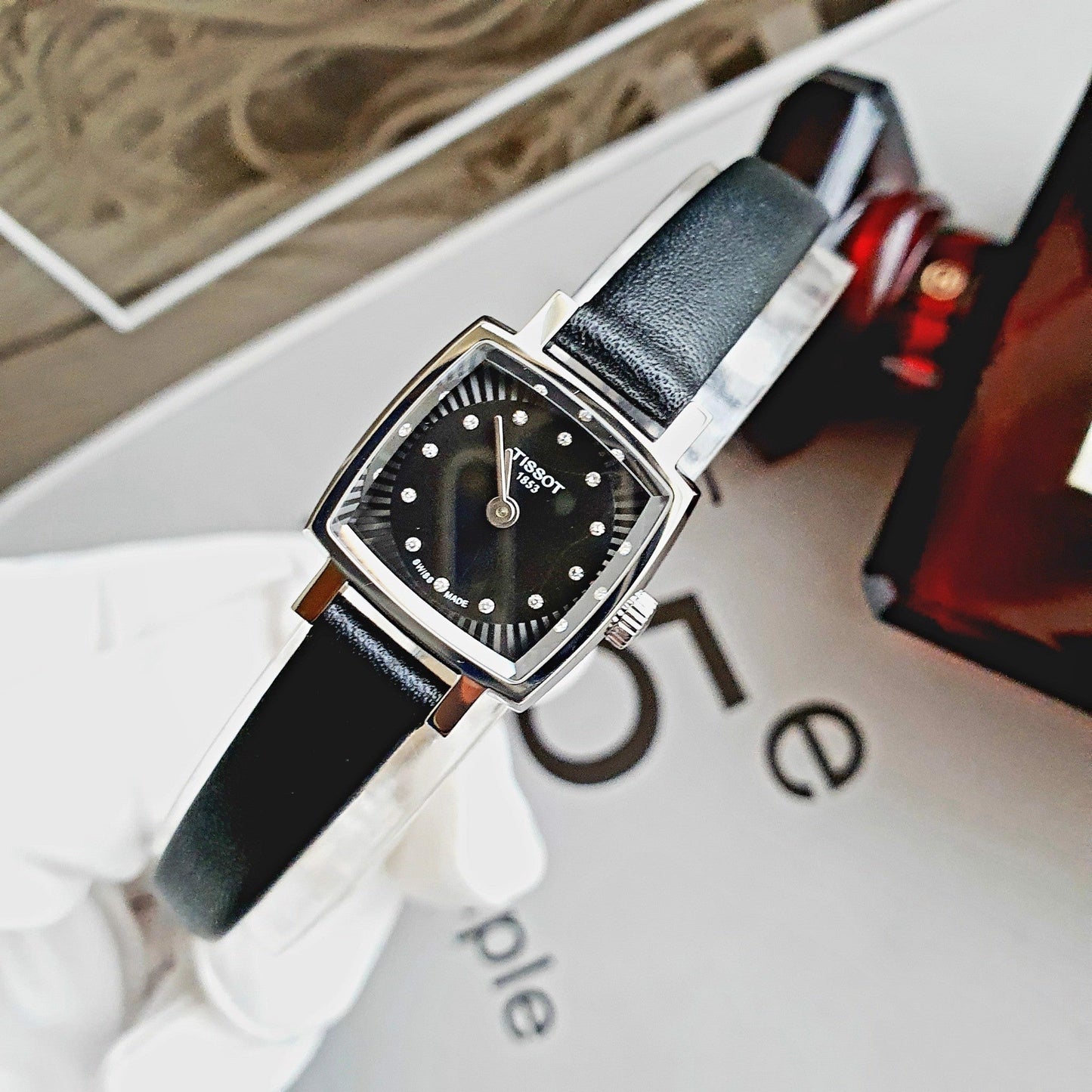 Tissot Lovely Square Quartz Diamonds Black Dial Black Leather Strap Watch For Women - T058.109.16.056.00