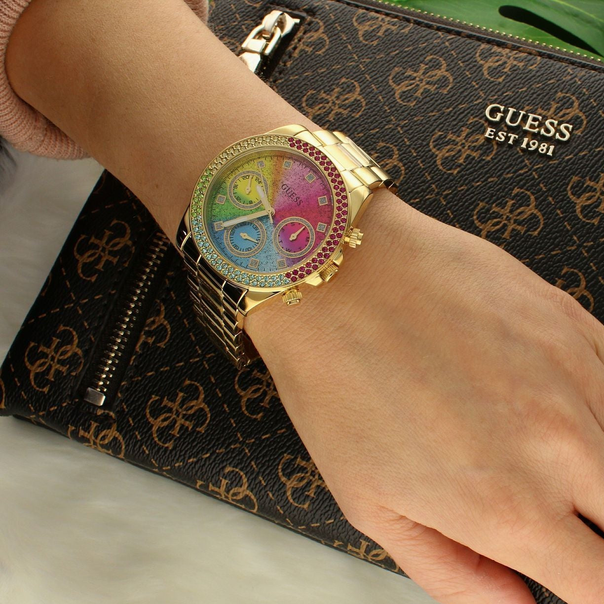Guess Confetti Chronograph Rainbow Dial Gold Steel Strap Watch For Women - GW0483L4