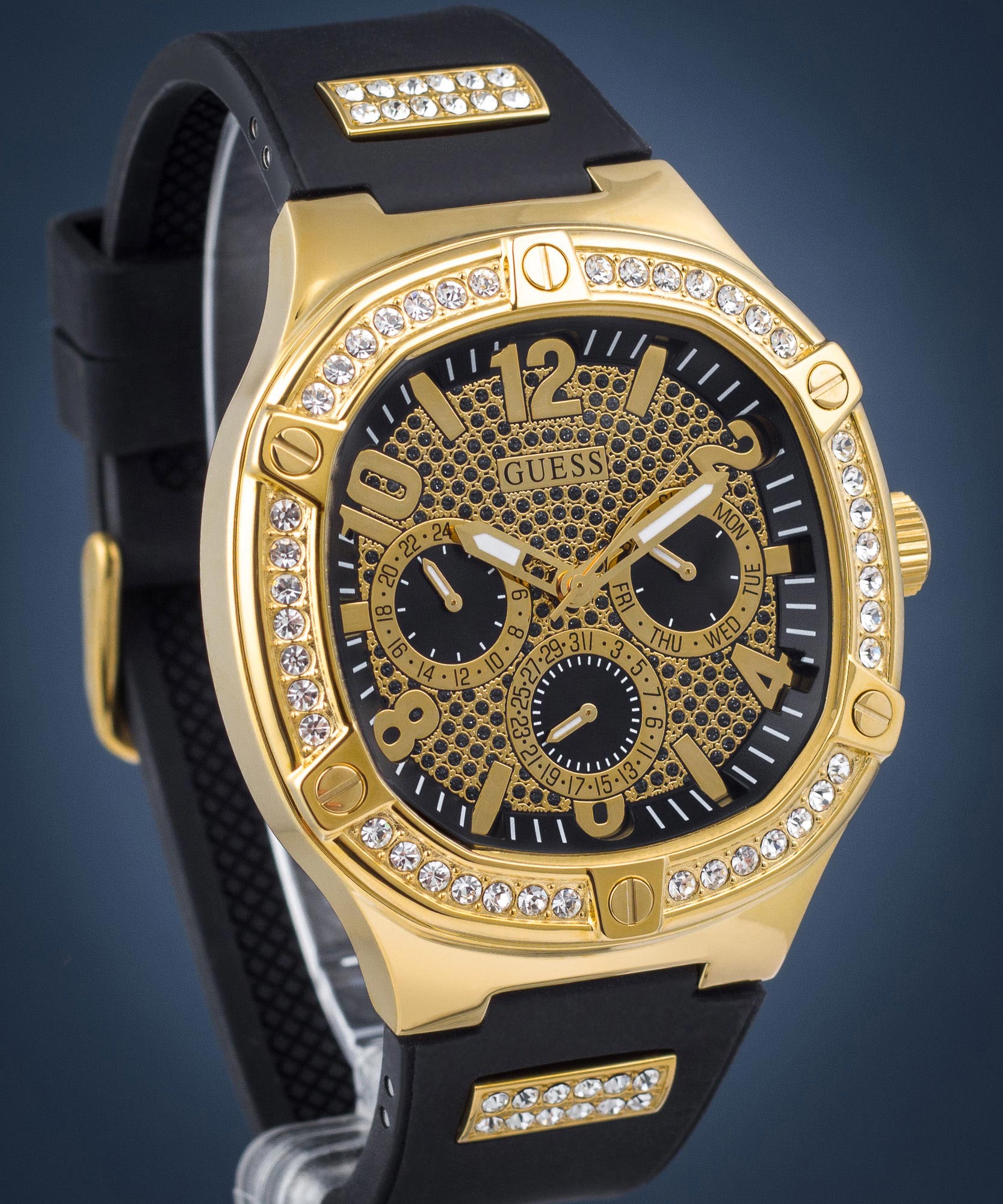 Guess Duke Crystals Black Dial Black Silicone Strap Watch For Men - GW0641G2