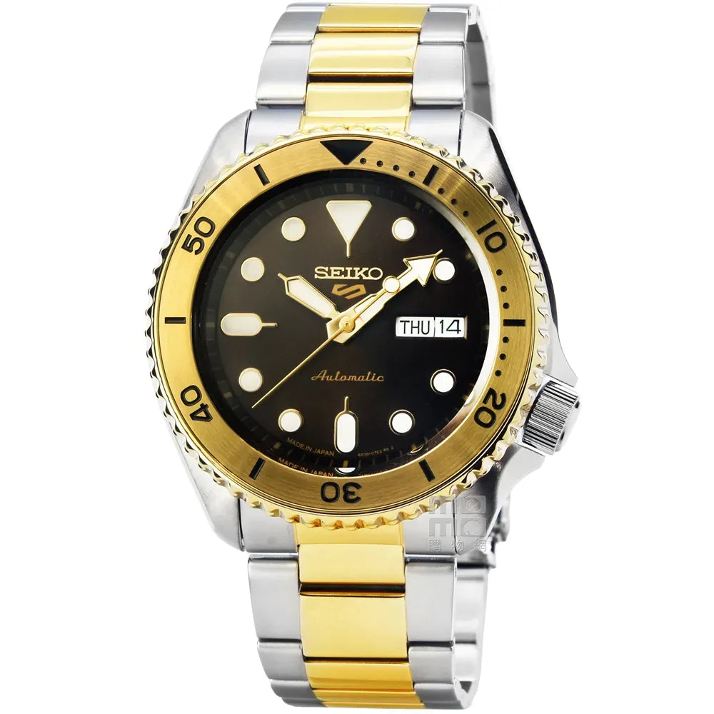 Seiko 5 Sports Automatic Brown Dial Two Tone Steel Strap Watch For Men - SRPK24