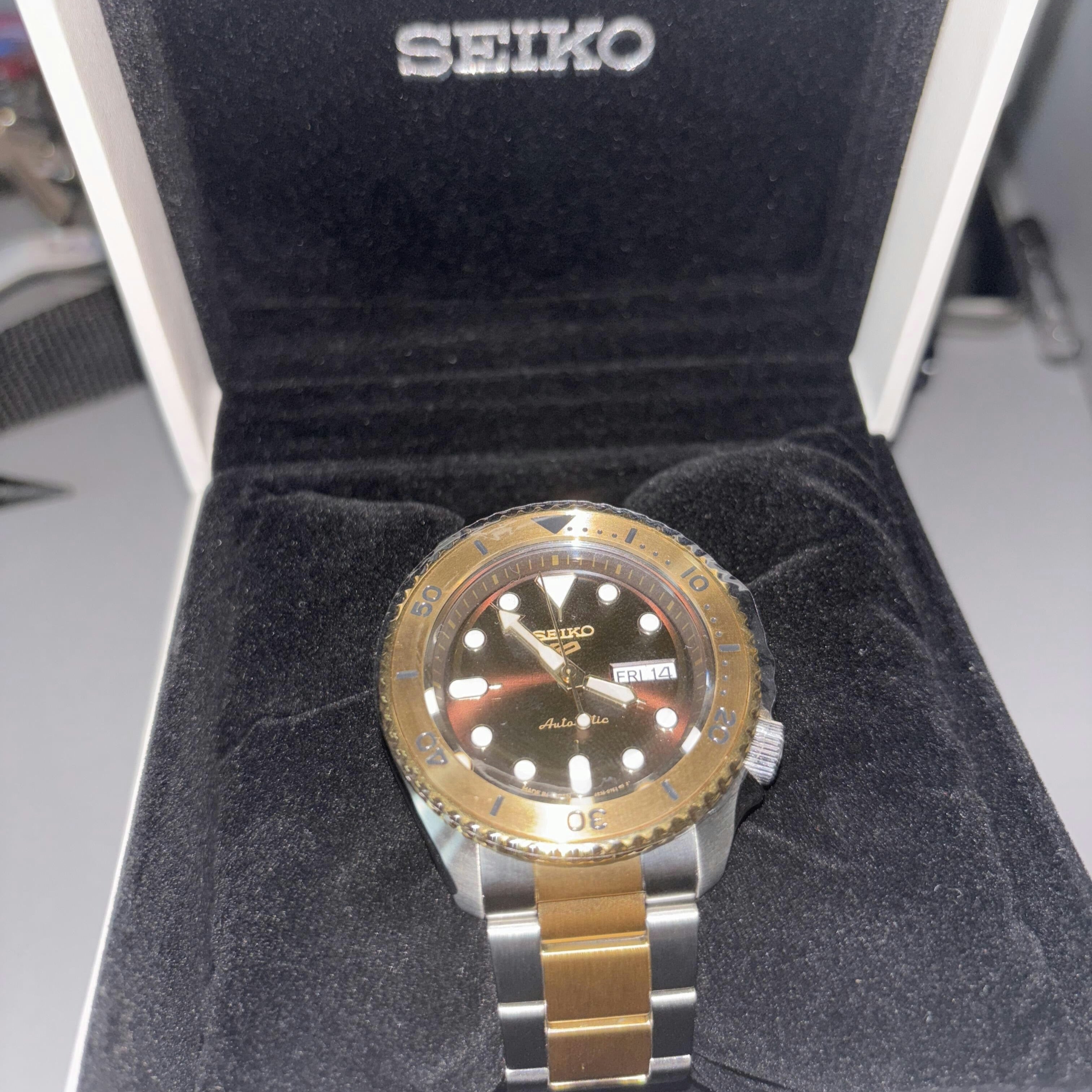 Seiko 5 Sports Automatic Brown Dial Two Tone Steel Strap Watch For Men - SRPK24