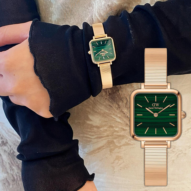 Daniel Wellington Quadro Studio Green Dial Rose Gold Mesh Strap Watch For Women - DW00100520