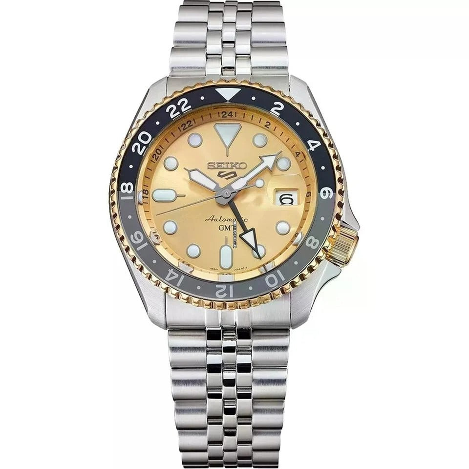 Seiko 5 Sports GMT Automatic 70th Anniversary Taiwan Limited Edition Gold Dial Silver Steel Strap Watch For Men - SSK044K1