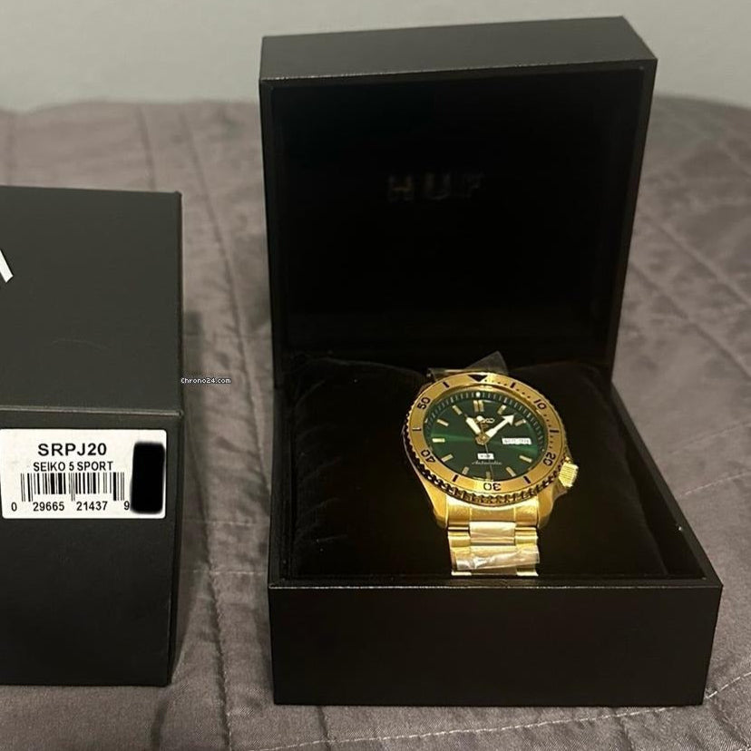 Seiko 5 Sports HUF Limited Edition Green Dial Gold Steel Strap Watch For Men - SRPJ20