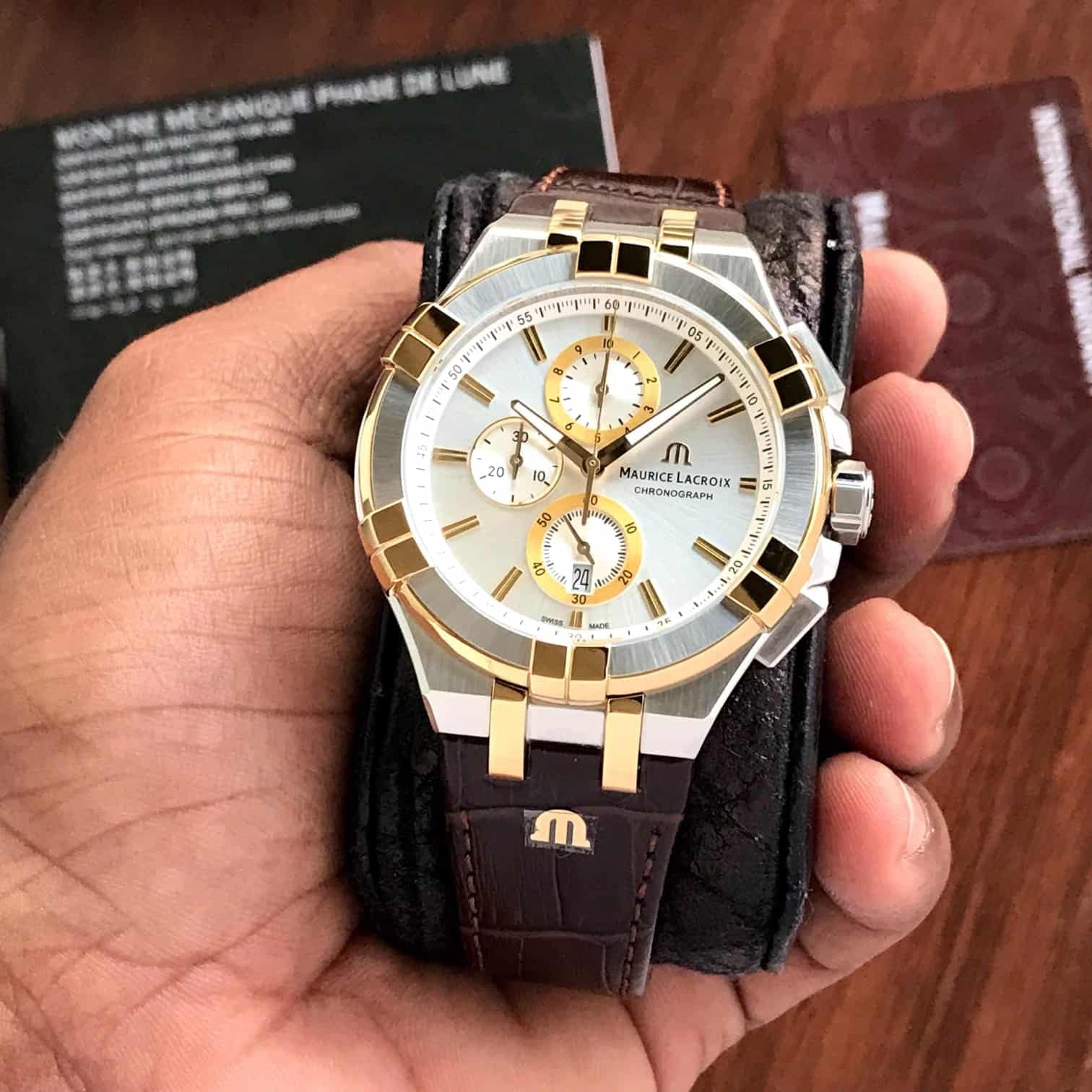 Maurice Lacroix Aikon Chronograph White Dial Brown Leather Strap Watch For Men - AI1018-PVY11-132-1