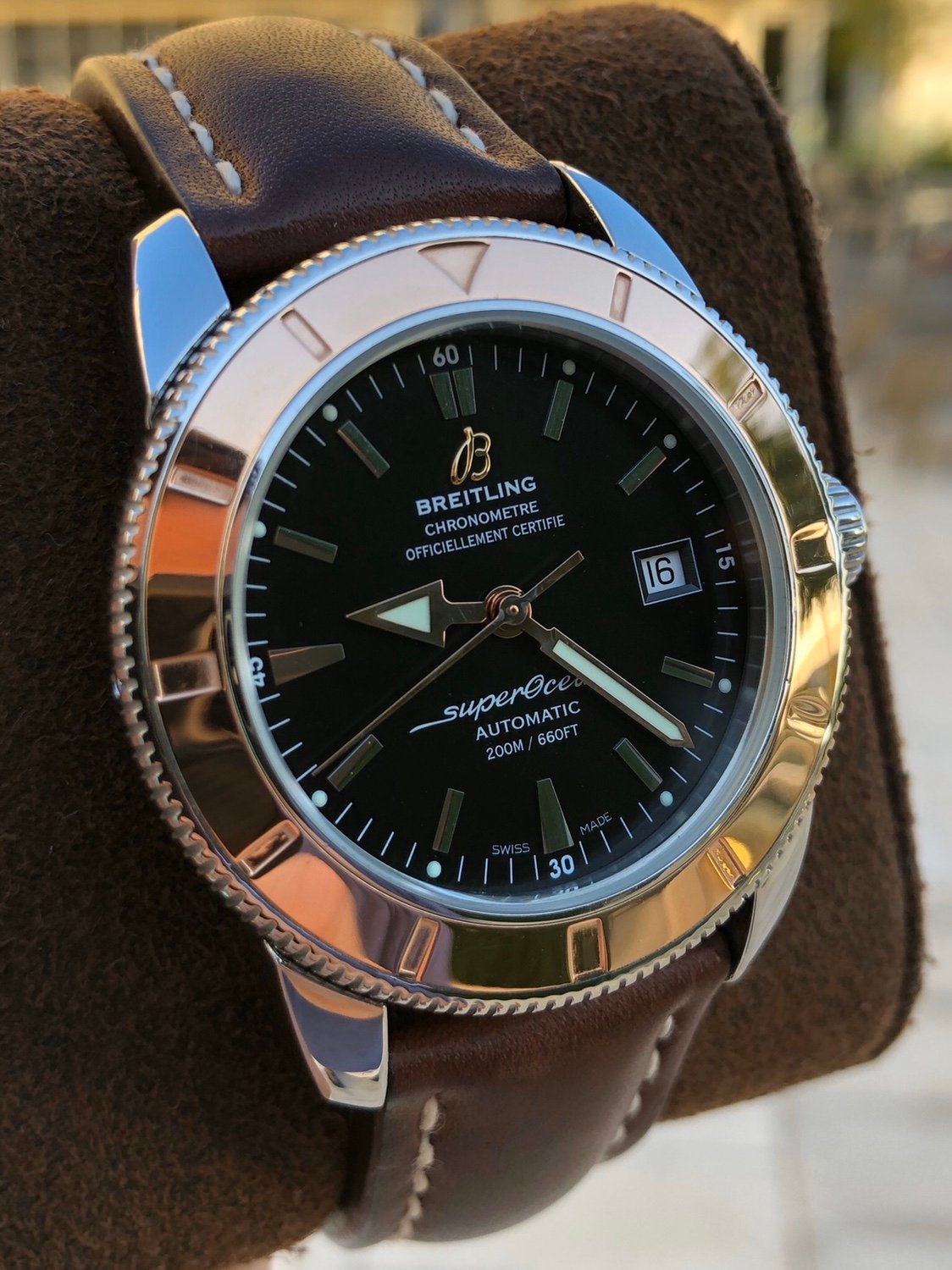 Breitling Superocean Heritage 42mm Rose Gold Chronometer Black Dial Brown Leather Strap Mens Watch - U1732112