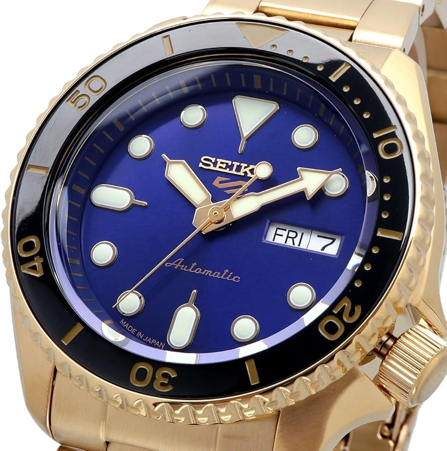 Seiko 5 Sports US Special Edition Automatic Blue Dial Gold Steel Strap Watch For Men - SRPK20