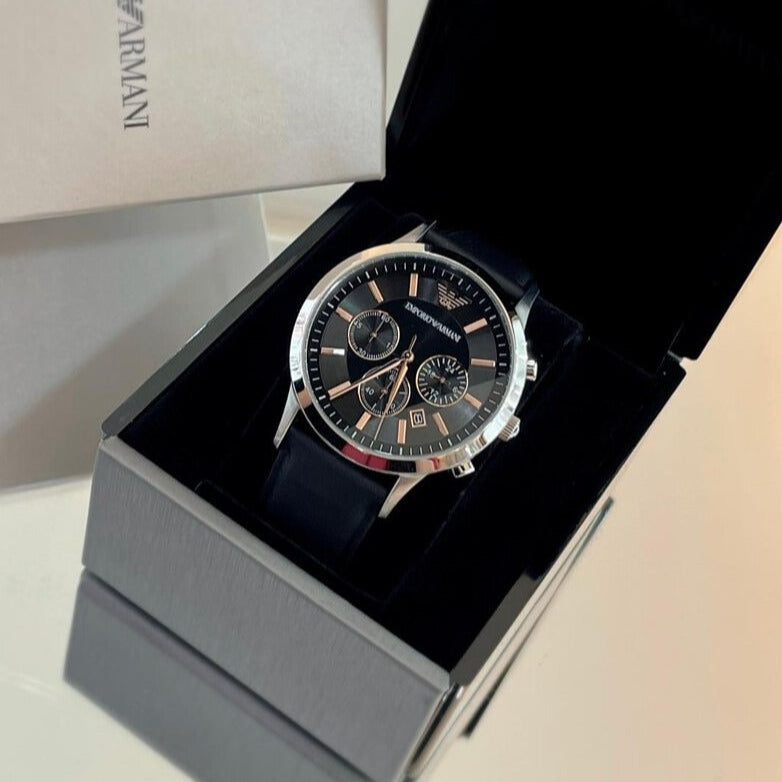 Emporio Armani Giovanni Analog Black Dial Black Leather Strap Watch For Men - AR11431