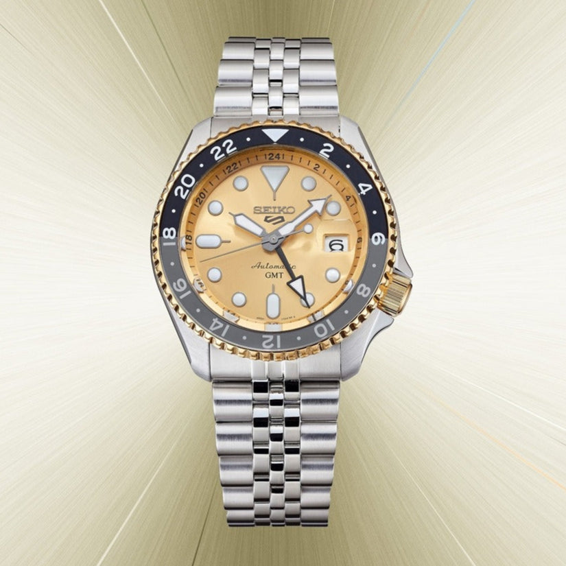 Seiko 5 Sports GMT Automatic 70th Anniversary Taiwan Limited Edition Gold Dial Silver Steel Strap Watch For Men - SSK044K1