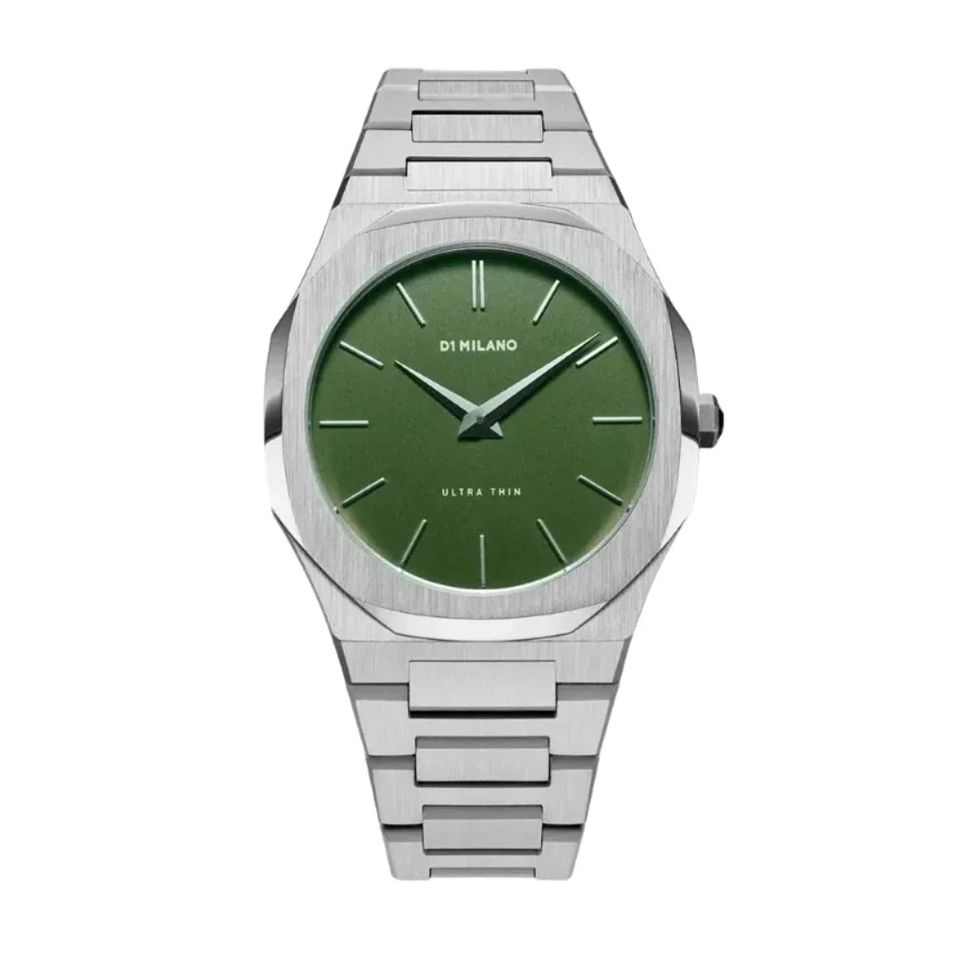 D1 Milano Ultra Thin Moss Green Dial Silver Steel Strap Watch for Men - D1-UTBJ06