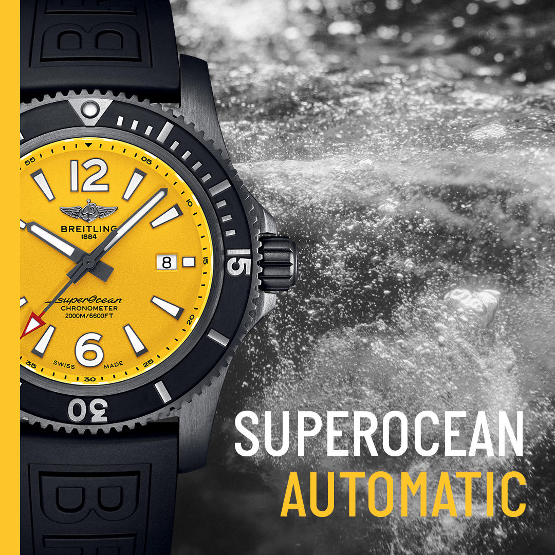 Breitling Superocean Automatic 46mm Yellow Dial Black Rubber Strap Watch for Men - M17368D71I1S1