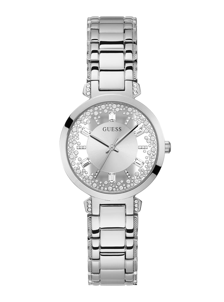 Guess Night Life Clear Silver Dial Silver Steel Strap Watch for Women - GW0470L1