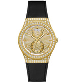 Guess Princess Crystals Gold Dial Black Silicone Strap Watch For Women - GW0439L2