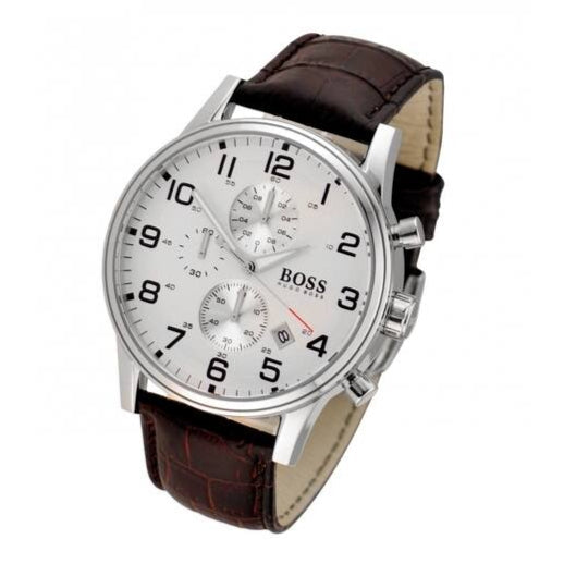 Hugo Boss Aeroliner Chronoraph White Dial Brown Leather Strap Watch For Men - HB1512447