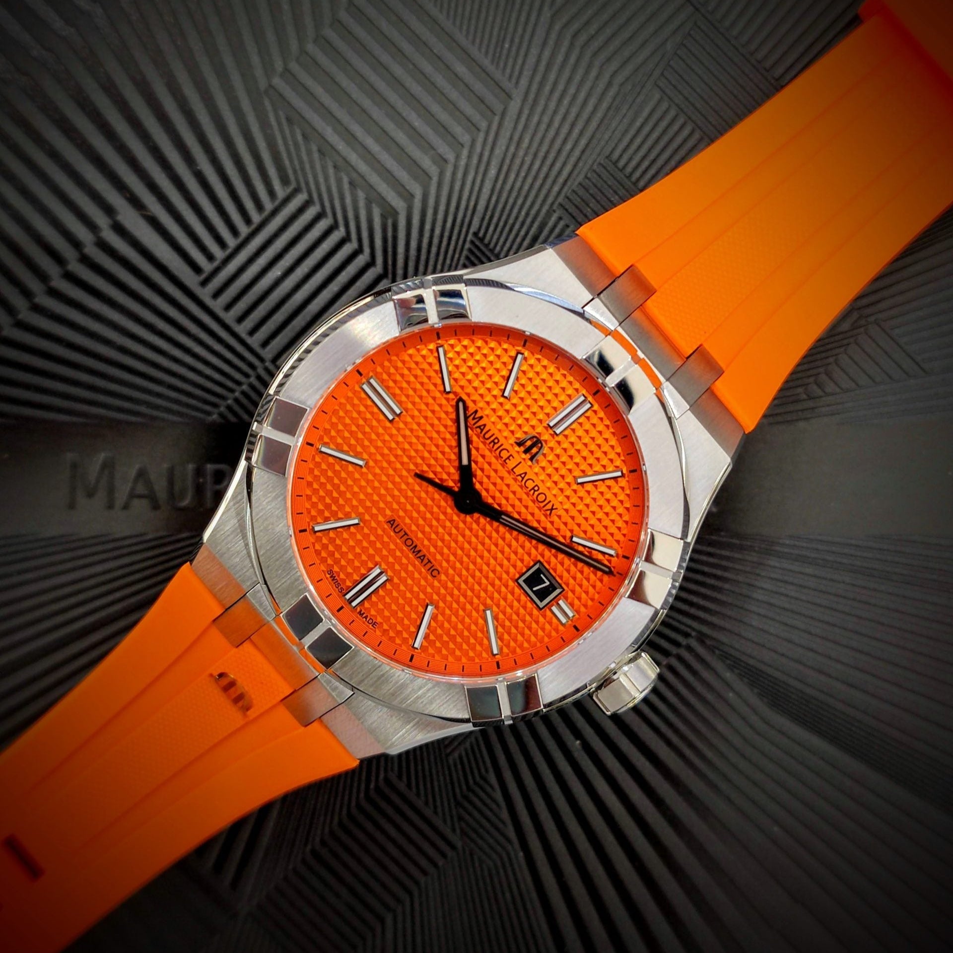 Maurice Lacroix Aikon Automatic Date Orange Dial Silver Steel Strap Watch For Men - AI6008-SS00F-530-E