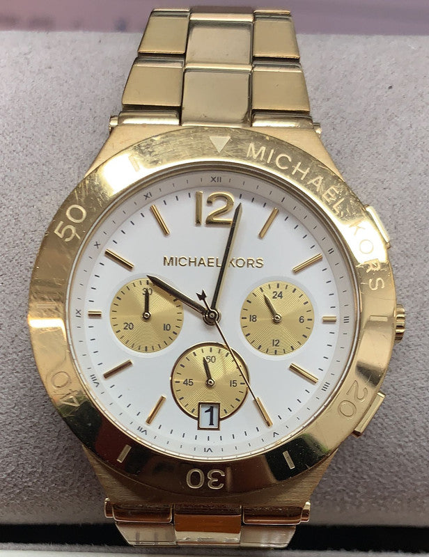Michael Kors Wyatt Chronograph White Dial Gold Steel Strap Watch For Women - MK5933