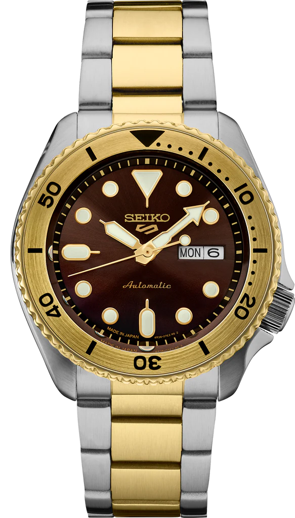 Seiko 5 Sports Automatic Brown Dial Two Tone Steel Strap Watch For Men - SRPK24