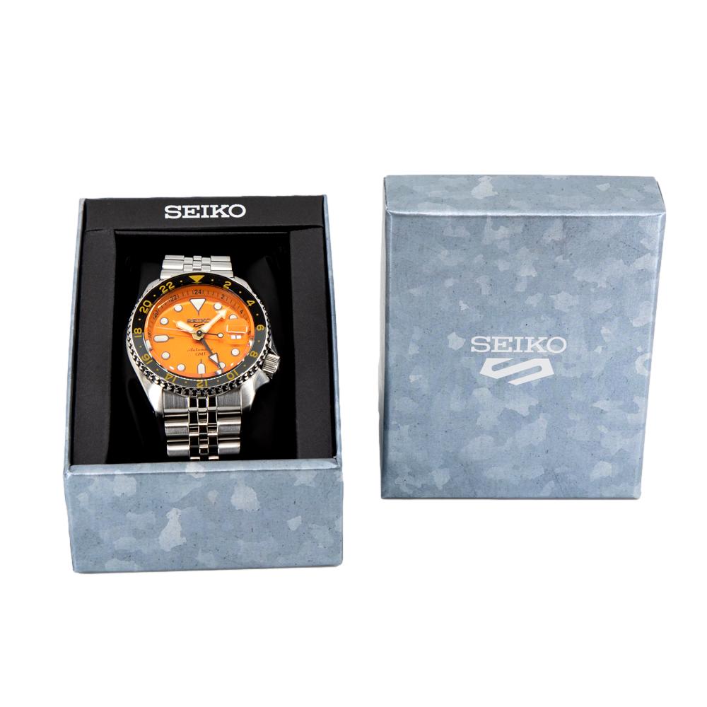 Seiko 5 Sports GMT Automatic Orange Dial Silver Steel Strap Watch For Men - SSK005K1